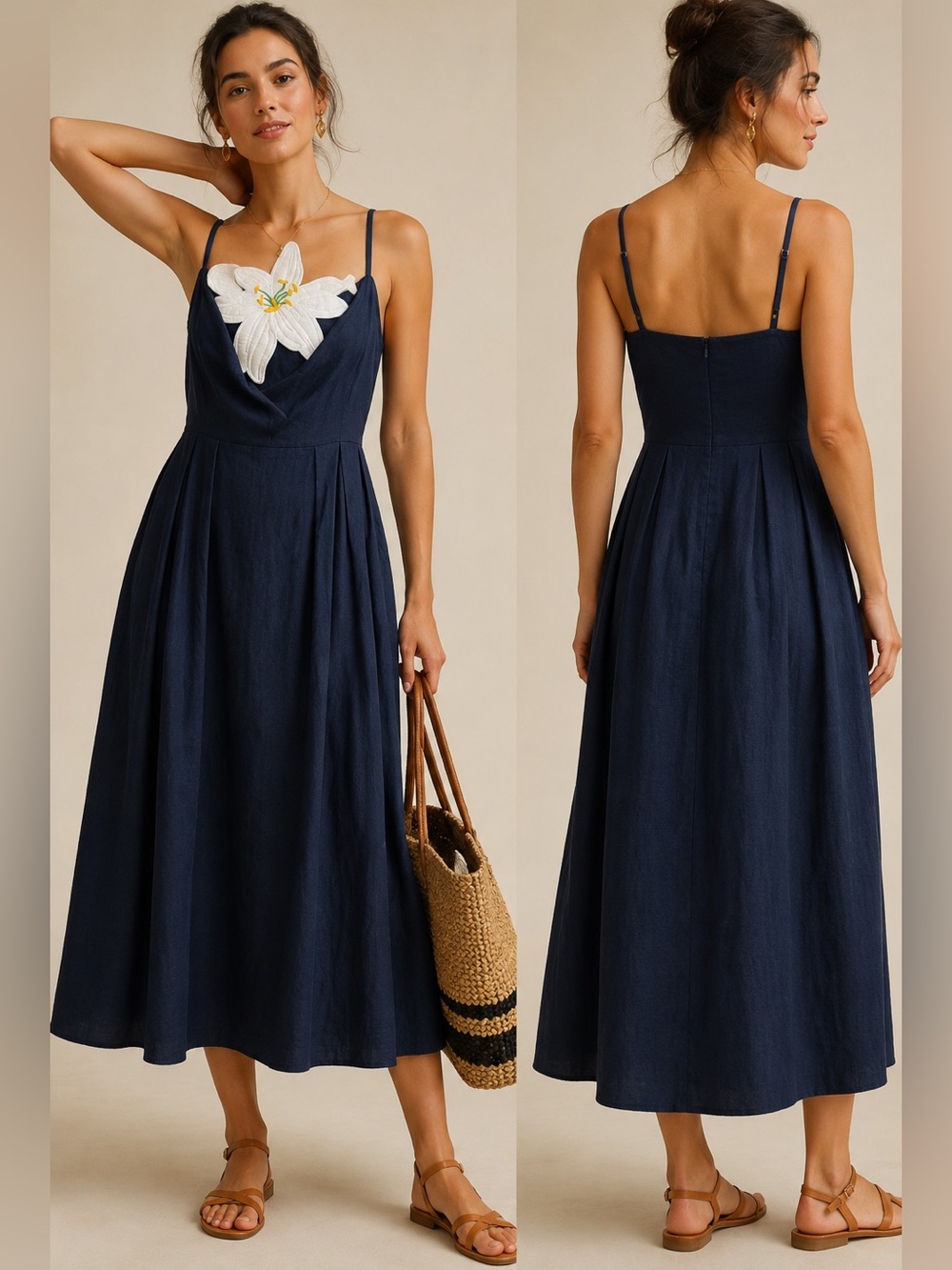 FANM MON Lorr Latrice White Bloom Turkish Linen Midi Dress Denim Blue NEW XS